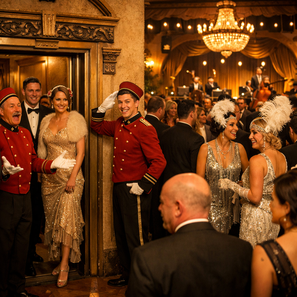 1920s bellhop characters greeting guests at the entrance of a roaring twenties themed corporate gala while flapper performers mingle in the ballroom