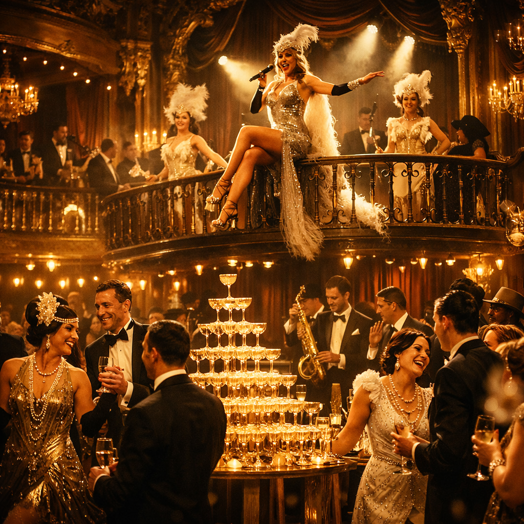 Immersive cabaret ensemble performing custom event entertainment production in Chicago