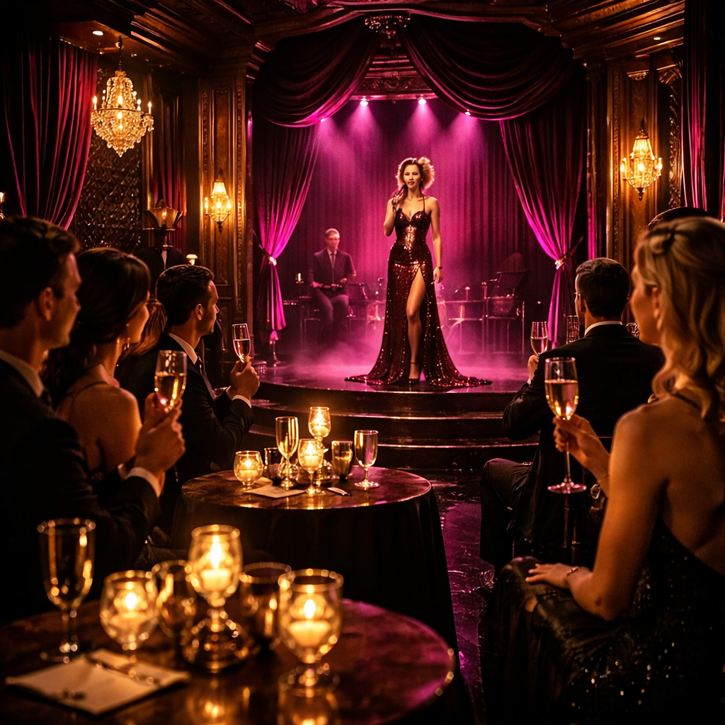 Luxury private entertainment in Chicago with glamorous cabaret performer in an intimate speakeasy lounge with magenta stage lighting