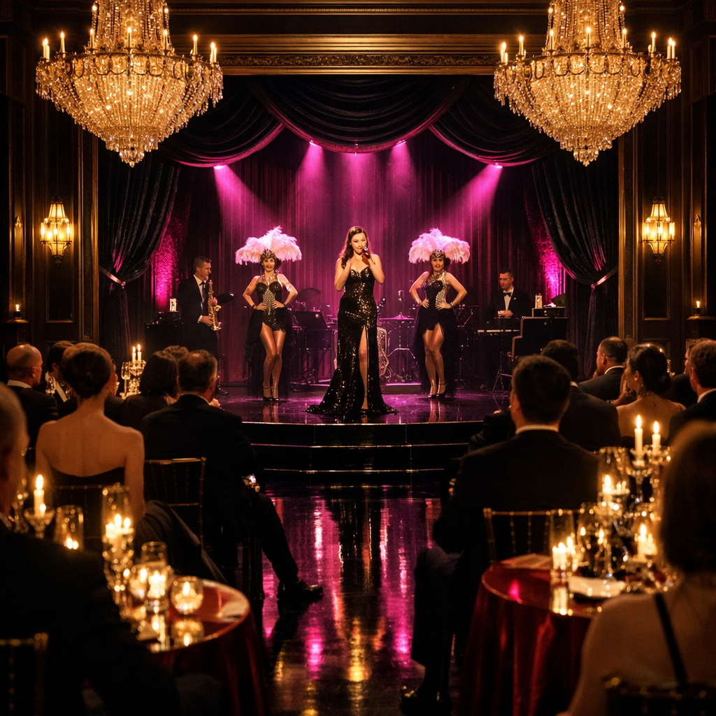 Luxury corporate entertainment in Chicago featuring elegant cabaret performance in an art deco ballroom with magenta stage lighting