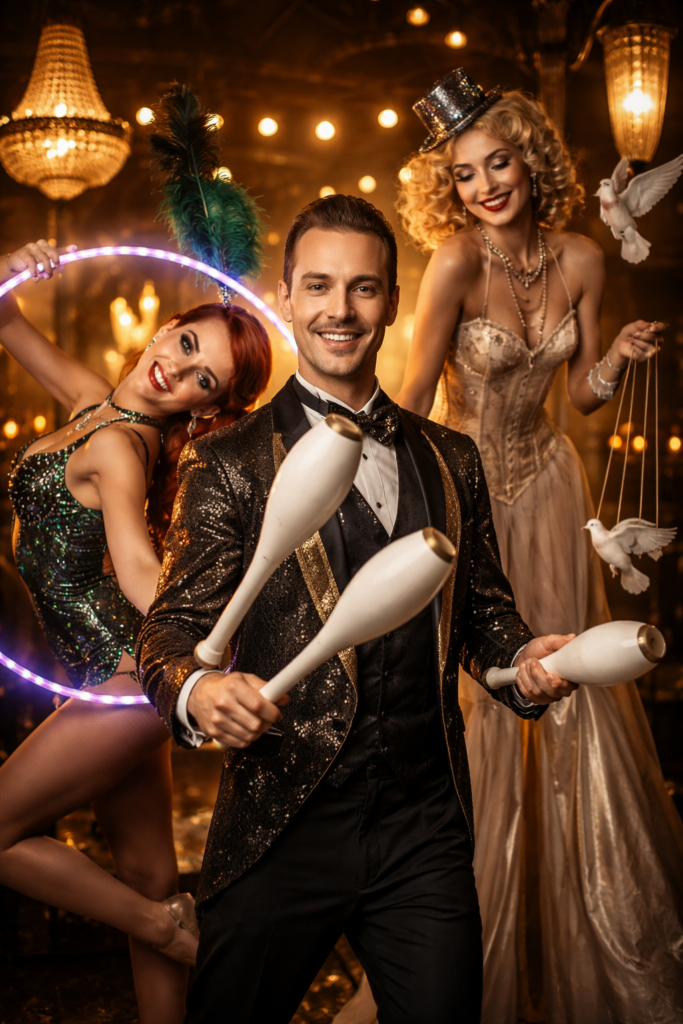roaring 1920s circus entertainers including juggler and vintage performers for a themed event in Chicago