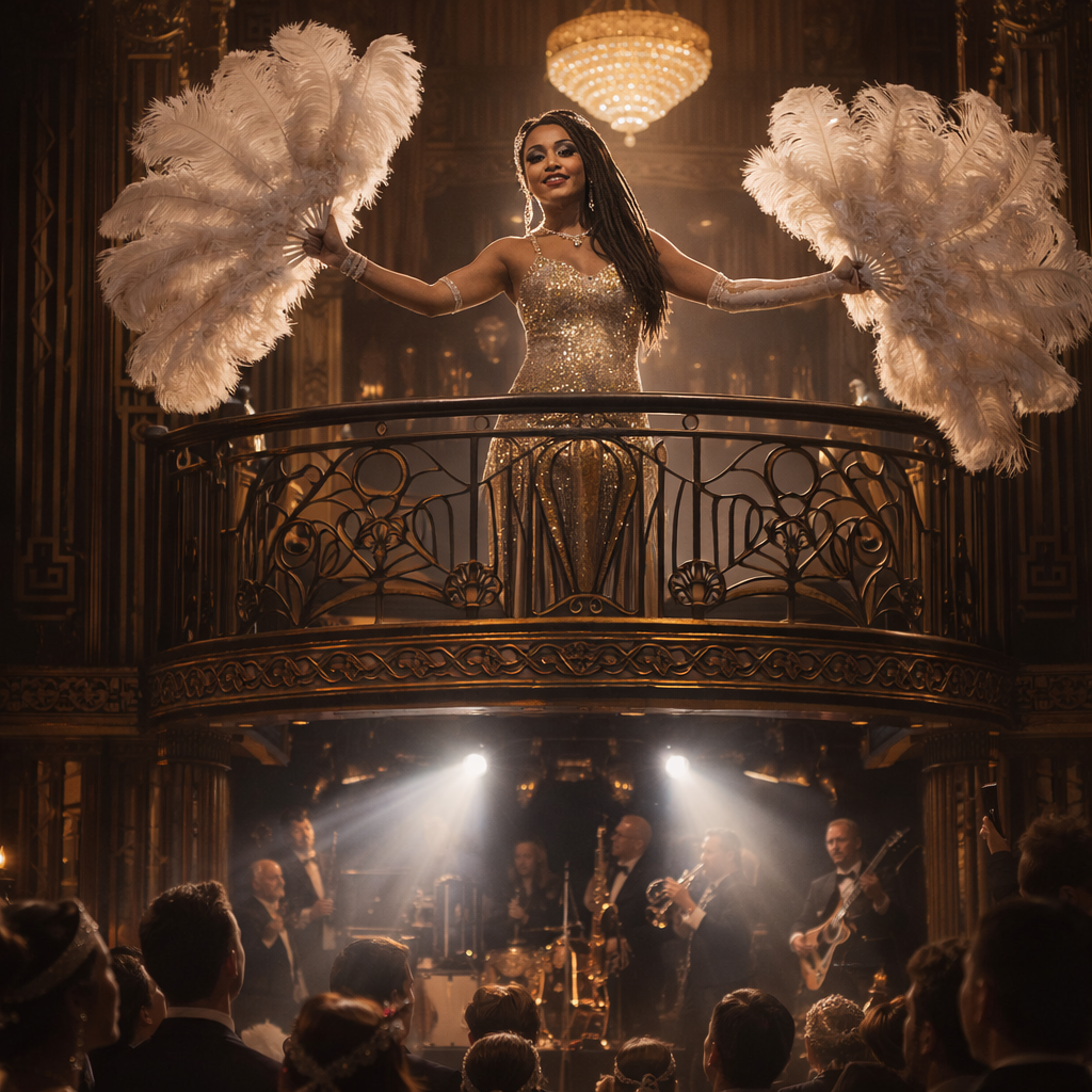 Roaring twenties themed corporate gala entertainment featuring a flapper performer with feather fans appearing on a balcony above a jazz band in an art deco ballroom