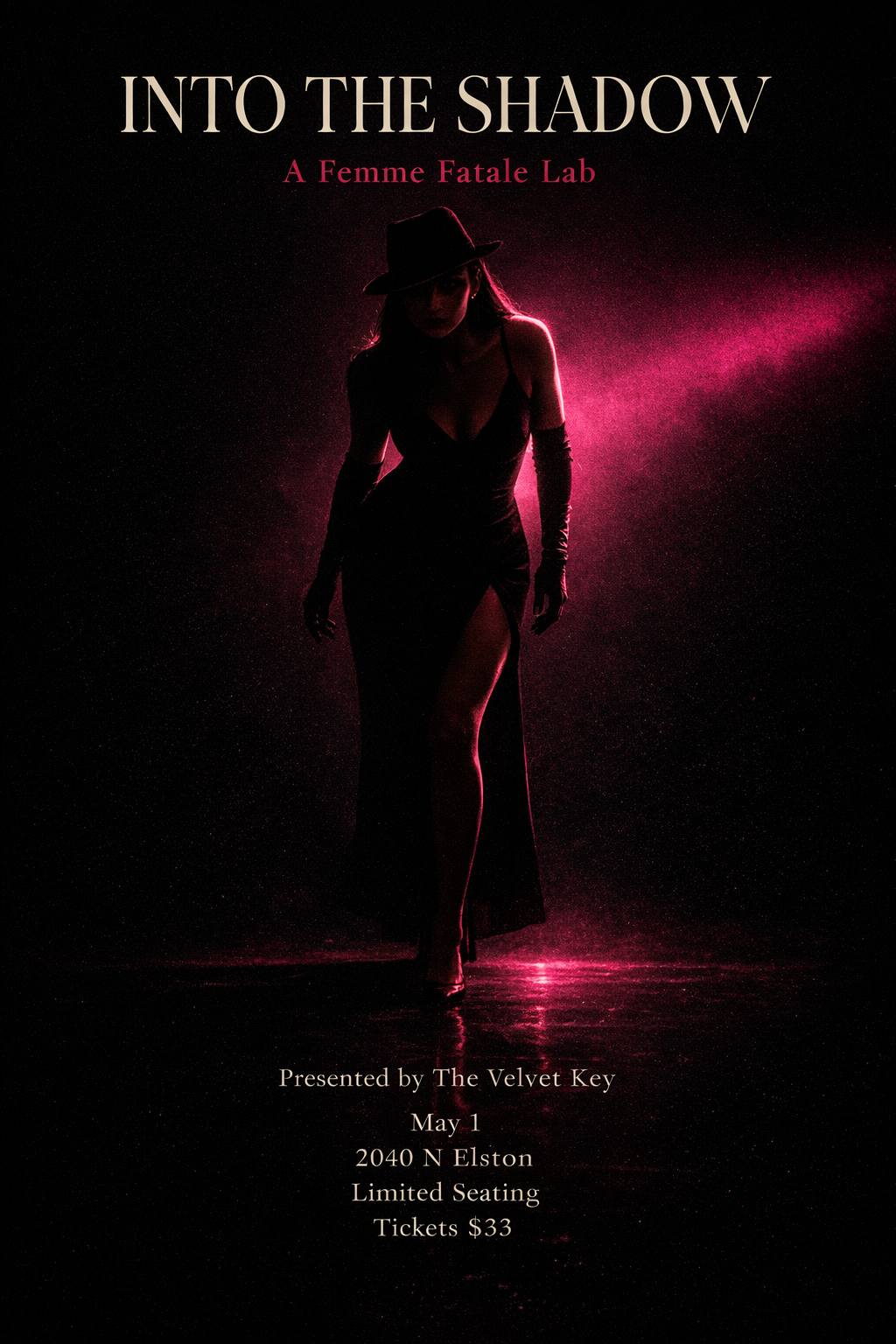 Into the Shadow Femme Fatale Lab Chicago noir cabaret performance poster with silhouette in magenta lighting