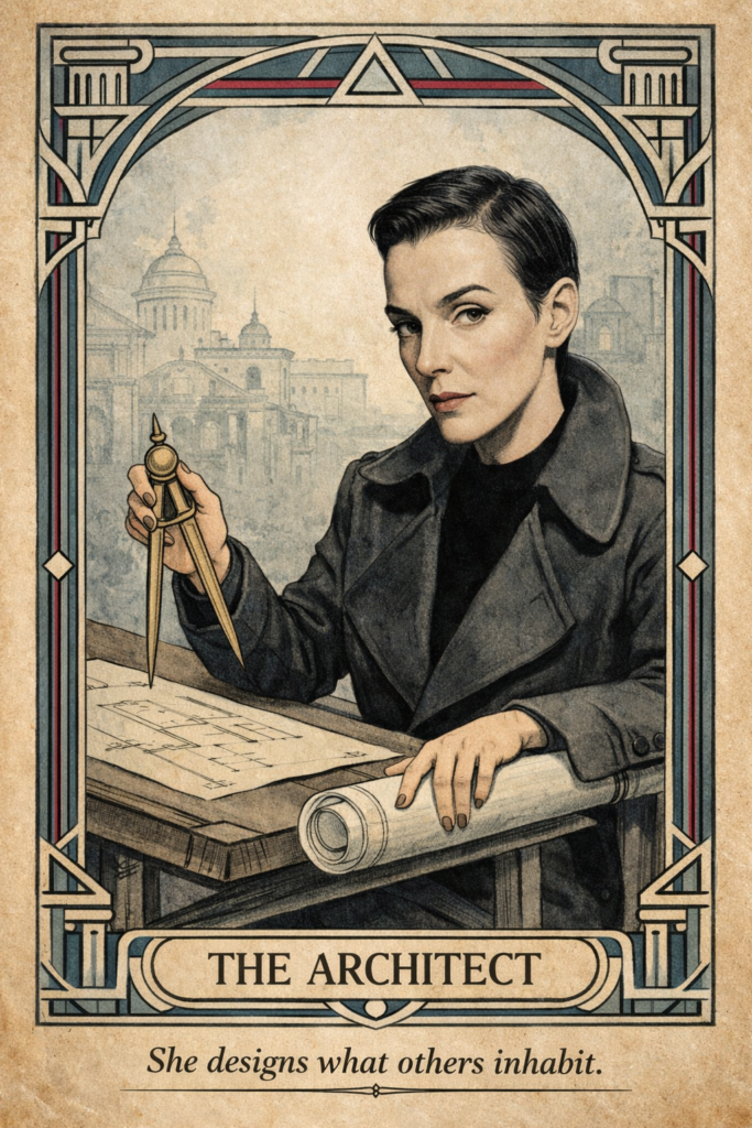 Woman styled as a tarot inspired femme fatale seated in a dim Chicago speakeasy with candlelight and vintage noir atmosphere for Midnight Confession immersive cabaret