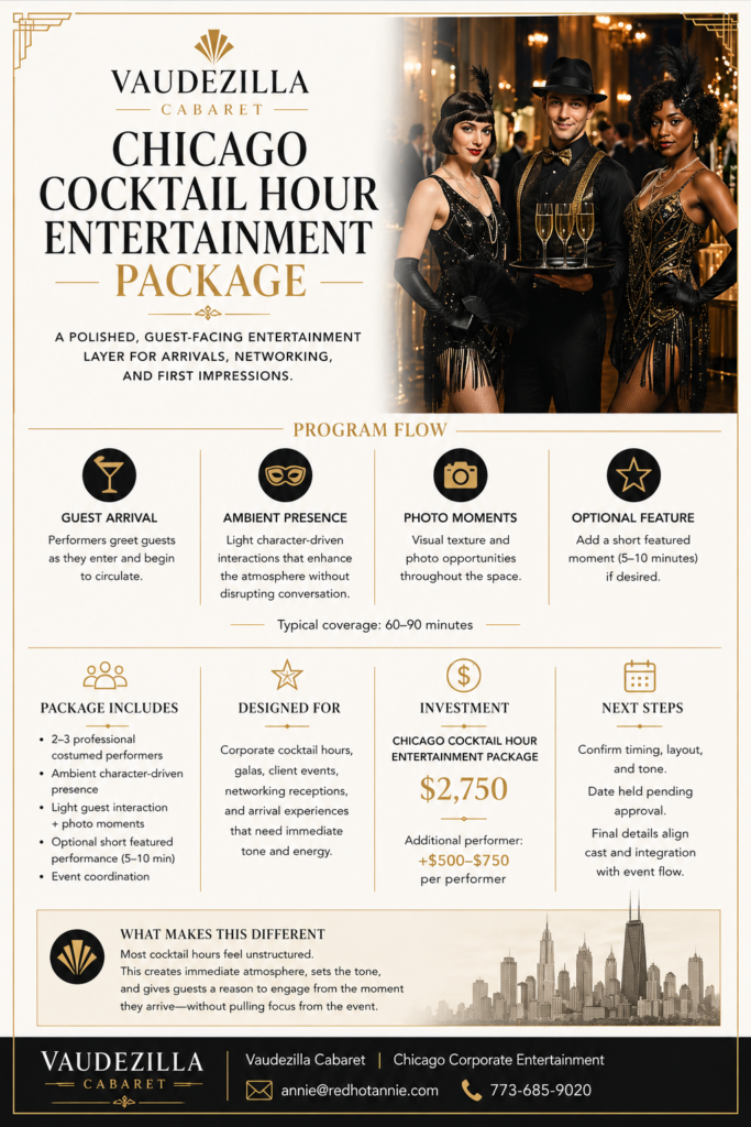 Chicago Cocktail Hour Entertainment | Corporate Event Performers Vaudezilla Chicago cocktail hour entertainment with roaming cabaret performers for corporate events and receptions
