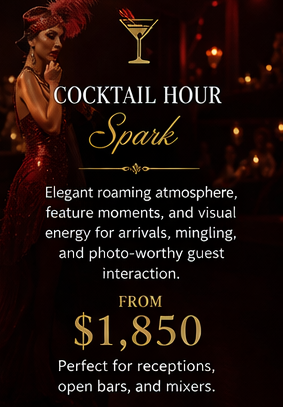 Luxury cocktail hour entertainment in Chicago by Vaudezilla featuring elegant roaming performers immersive ambiance upscale guest interaction and premium reception entertainment for corporate events galas mixers and private celebrations