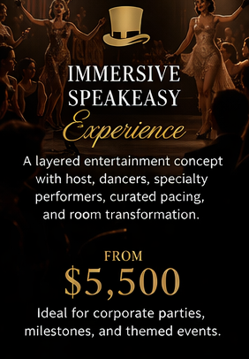 Luxury speakeasy entertainment in Chicago by Vaudezilla with host dancers specialty performers curated pacing and immersive room transformation for corporate parties milestone celebrations and upscale themed events