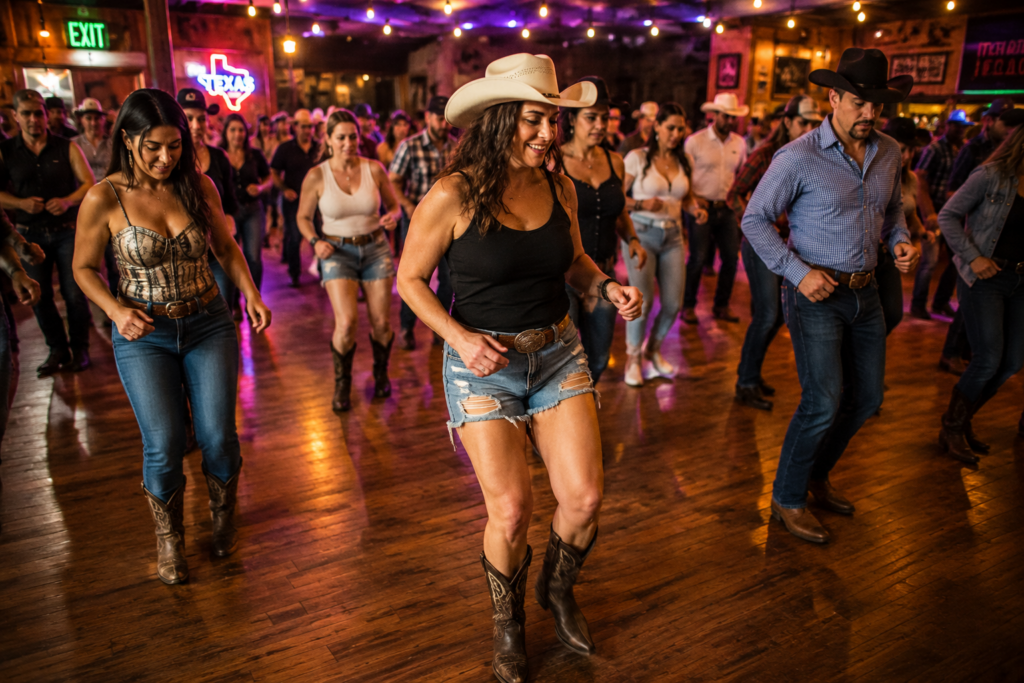 Corporate Country Social Club Employee Engagement Experience Vaudezilla Employees participating in a corporate country social club activation with guided line dancing during a company event