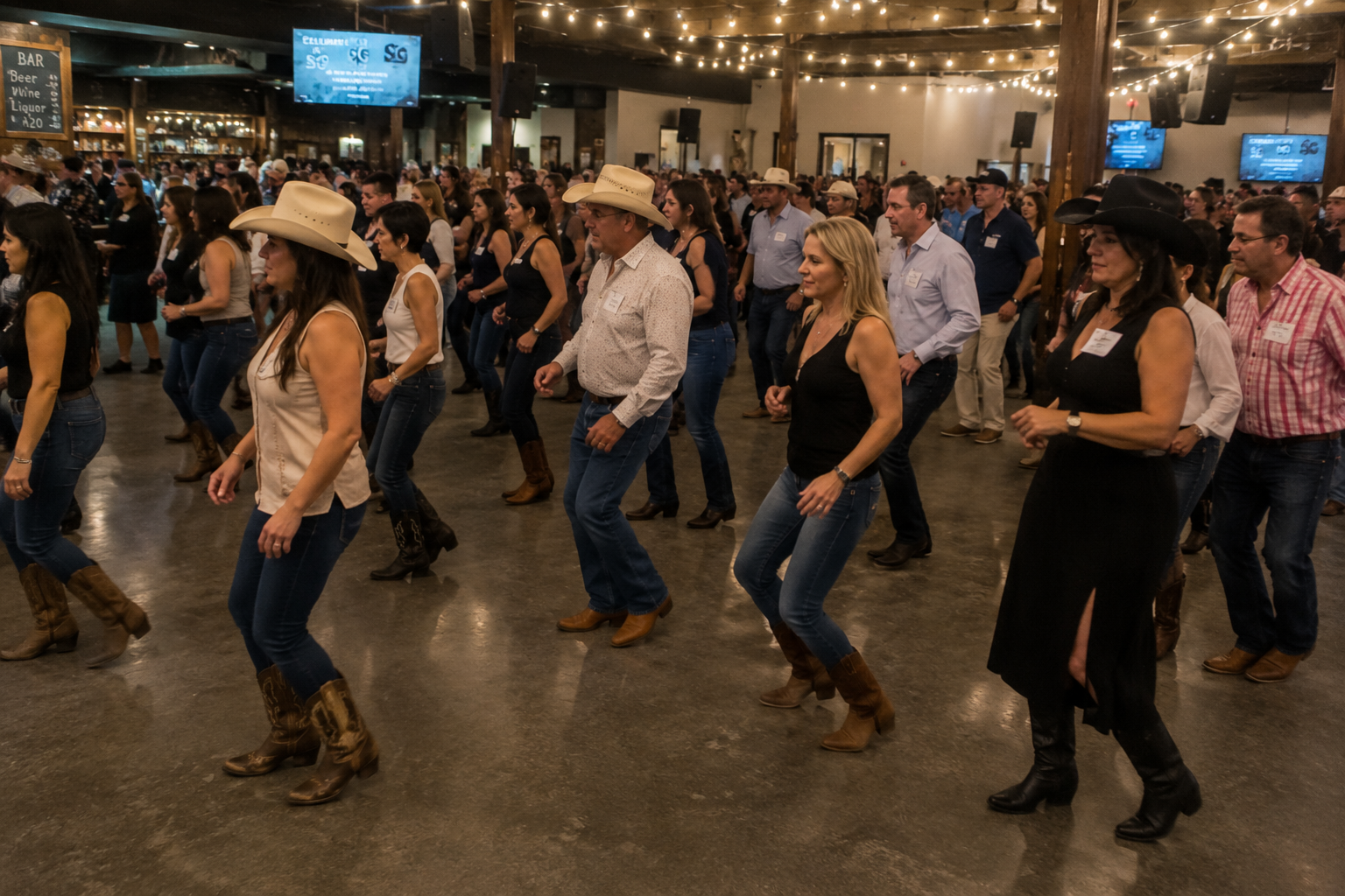 Employees from multiple departments joining a bilingual country themed participation experience during a corporate celebration
