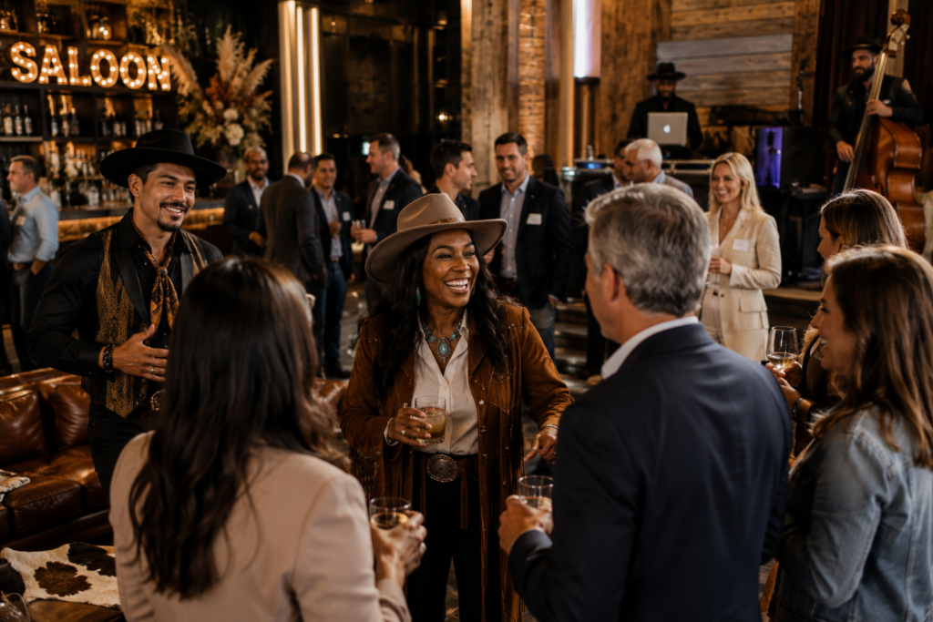 Immersive Modern Western Saloon Experience for Corporate Events Vaudezilla Performers and corporate guests interacting inside an upscale modern western themed experiential event