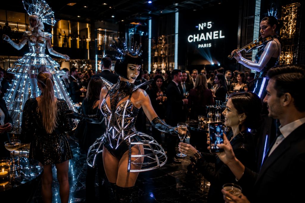 LED couture performers at a futuristic experiential marketing event in Chicago