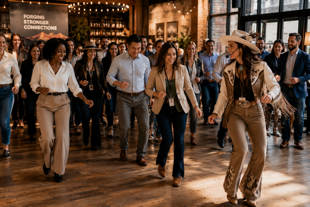Elevated Western Group Dance Experience for Corporate Guests Vaudezilla Corporate guests enjoying an elegant western inspired group dance experience at a premium event