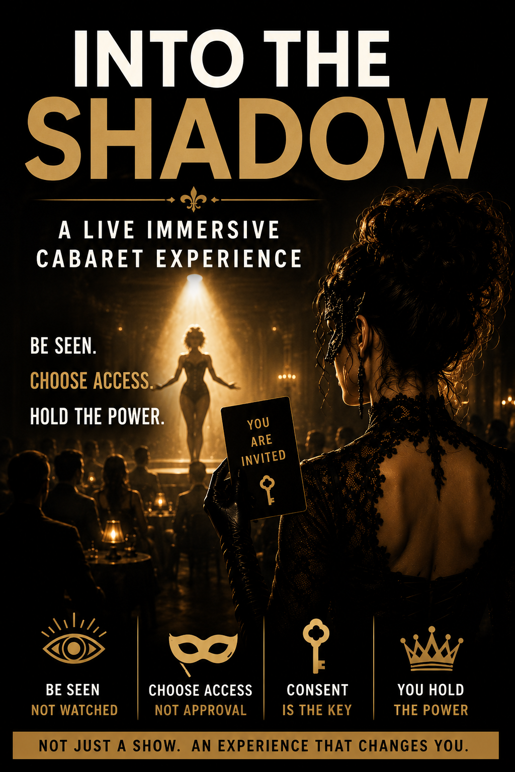Vintage noirinspired immersive burlesque cabaret poster for Into the Shadow in Chicago featuring a masked woman holding an invitation card while a performer stands under a spotlight inside an elegant speakeasy nightclub Vaudezilla Into the Shadow | Immersive Burlesque Speakeasy Cabaret Show Chicago