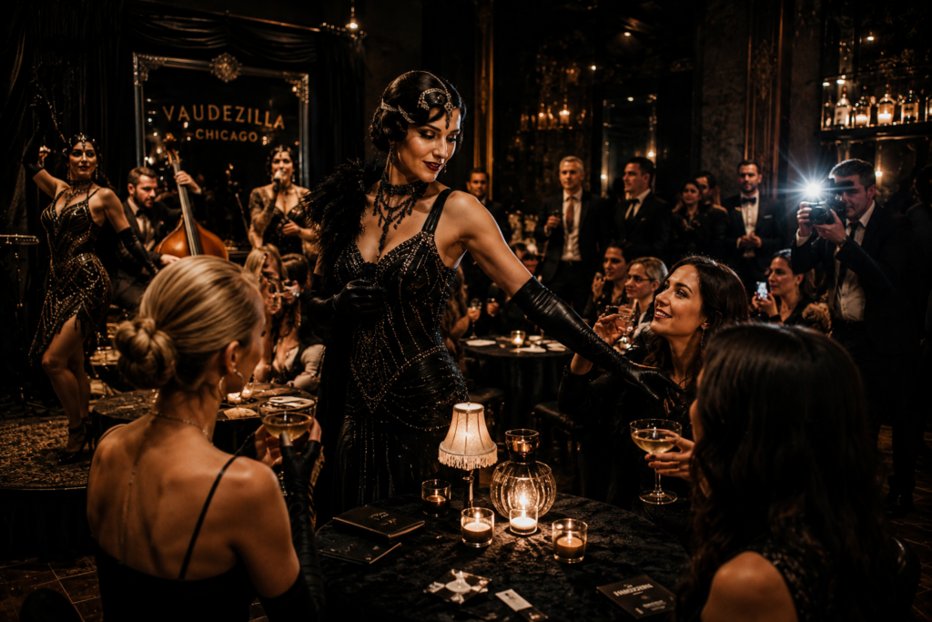 VIP Press Activation Experience in Chicago Vaudezilla Editorial style performers interacting with guests during a luxury Chicago press activation event