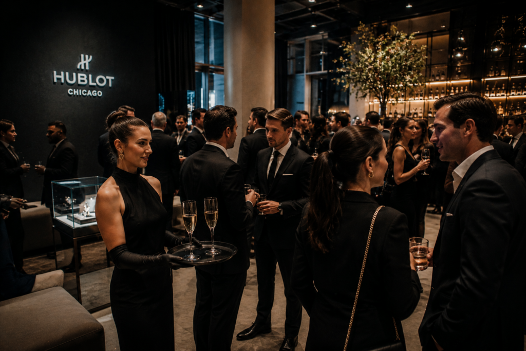 Luxury Corporate Gala Atmosphere in Chicago Vaudezilla Guests networking during a luxury corporate gala event with immersive hospitality and elegant atmosphere