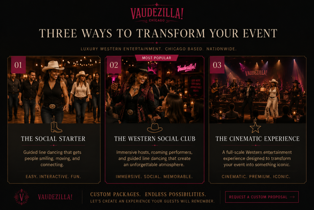 Luxury Western Corporate Retreat Entertainment | Vaudezilla Chicago Vaudezilla Corporate retreat guests participating in an immersive luxury western line dancing experience during a sunset networking event