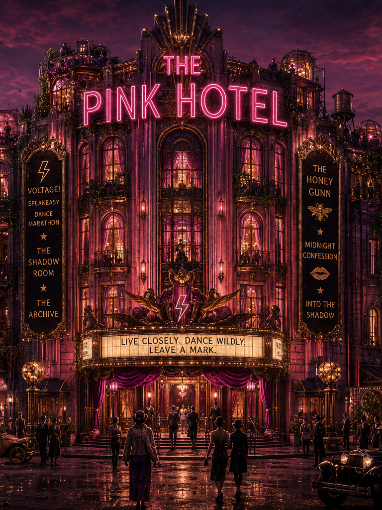 The Pink Hotel Exterior Vaudezilla Glowing pink Art Deco hotel illuminated against the Chicago skyline at dusk