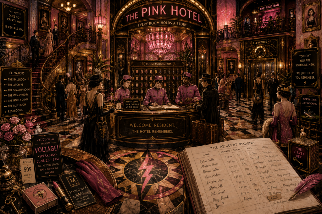 Elegant Art Deco hotel lobby with resident registry desk and pink uniformed staff