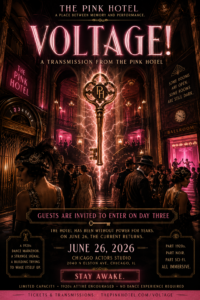Art Deco poster for Voltage at The Pink Hotel featuring a glowing hotel master key suspended above a grand 1920s ballroom filled with dancers guests and mysterious electric energy