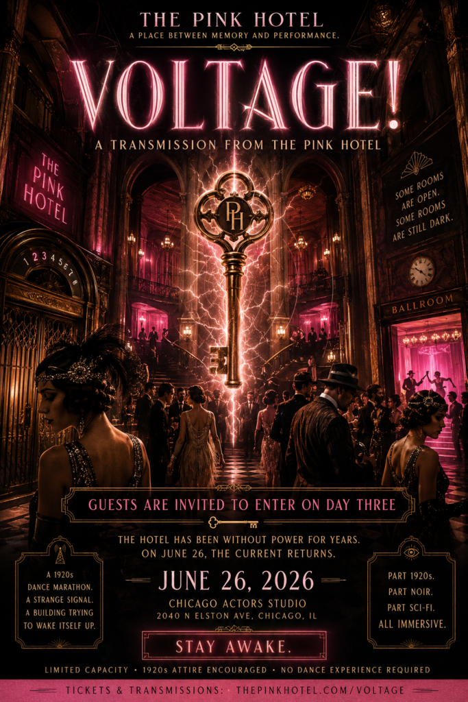 Art Deco poster for Voltage at The Pink Hotel featuring a glowing hotel master key suspended above a grand 1920s ballroom filled with dancers guests and mysterious electric energy