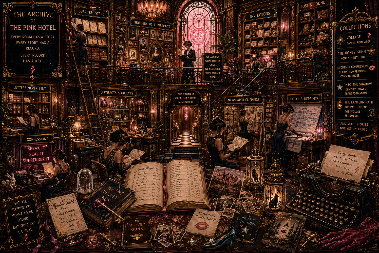 Keys, invitations, photographs, blueprints and hotel artifacts displayed on velvet.
