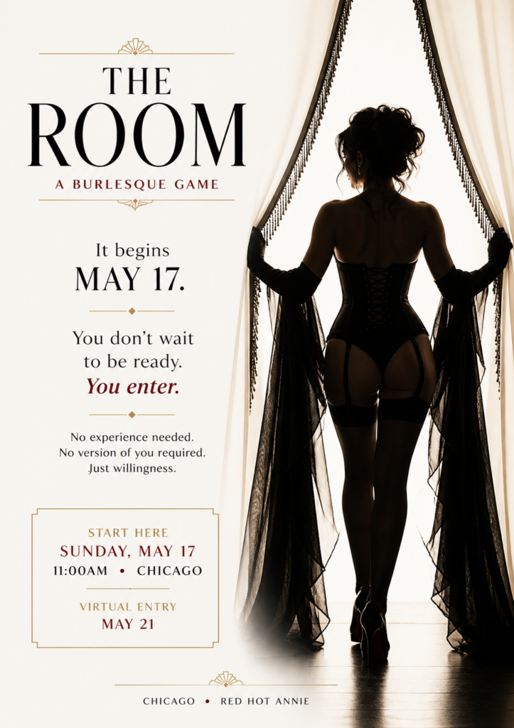 The Room Burlesque Game Chicago Class Experience | Red Hot Annie Vaudezilla Women gathered in a cinematic Chicago studio during a burlesque confidence class led by Red Hot Annie practicing posture movement and visible presence in a moody noir inspired atmosphere for The Room A Burlesque Game