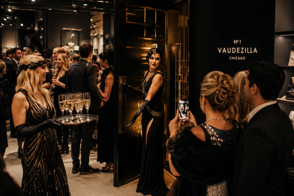 Guests arriving at a luxury Chicago brand activation with immersive hosts and champagne service