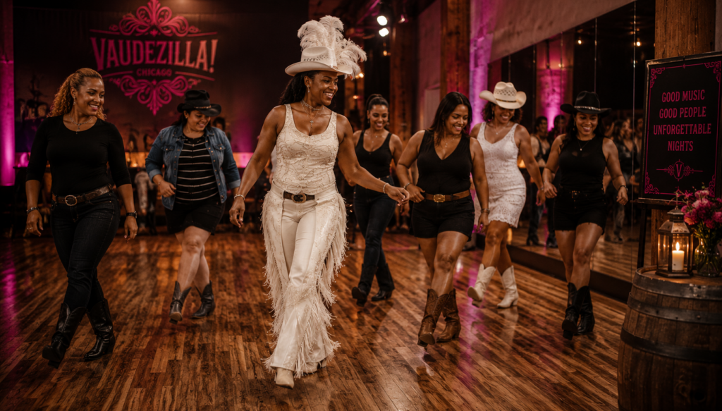 Luxury Western Corporate Retreat Entertainment | Vaudezilla Chicago Vaudezilla Corporate guests enjoying an elegant western inspired group dance experience at a premium event