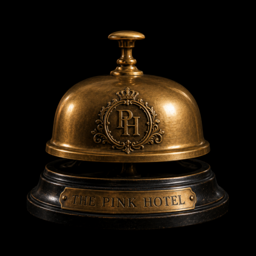 The Concierge Bell Vaudezilla Polished vintage concierge bell resting on a hotel front desk symbolizing check in curiosity and discovery inside The Pink Hotel