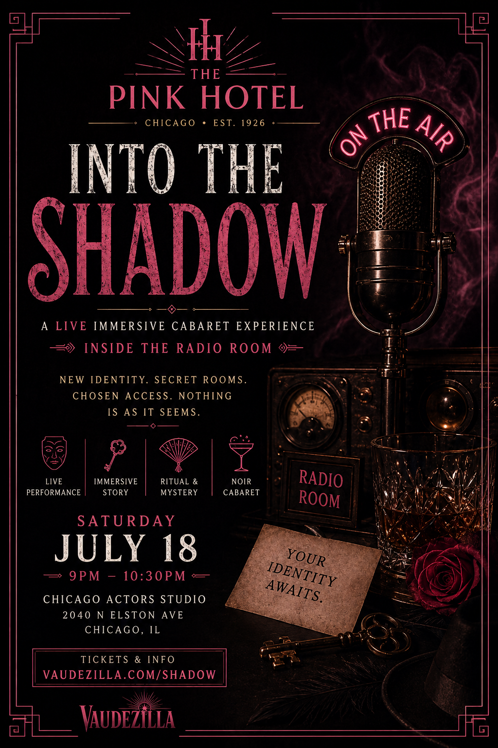 Vintage noirinspired immersive burlesque cabaret poster for Into the Shadow in Chicago featuring a masked woman holding an invitation card while a performer stands under a spotlight inside an elegant speakeasy nightclub Vaudezilla Into the Shadow immersive burlesque cabaret show in Chicago