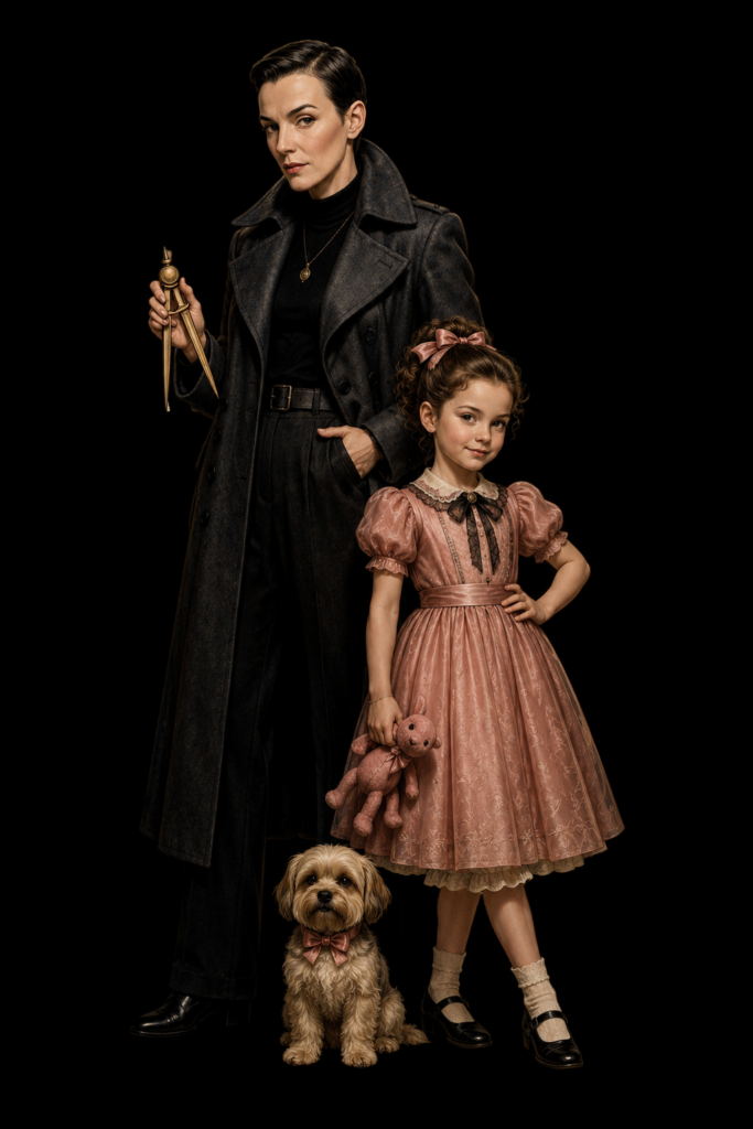 The Architect The Heiress The Keeper of Small Secrets Vaudezilla Full length portrait of The Architect standing beside The Heiress with their small dog at their feet The Architect wears a long dark coat and holds a drafting compass while The Heiress wears a vintage pink dress and carries a teddy bear The trio stands against a black background in a dramatic Pink Hotel character portrait