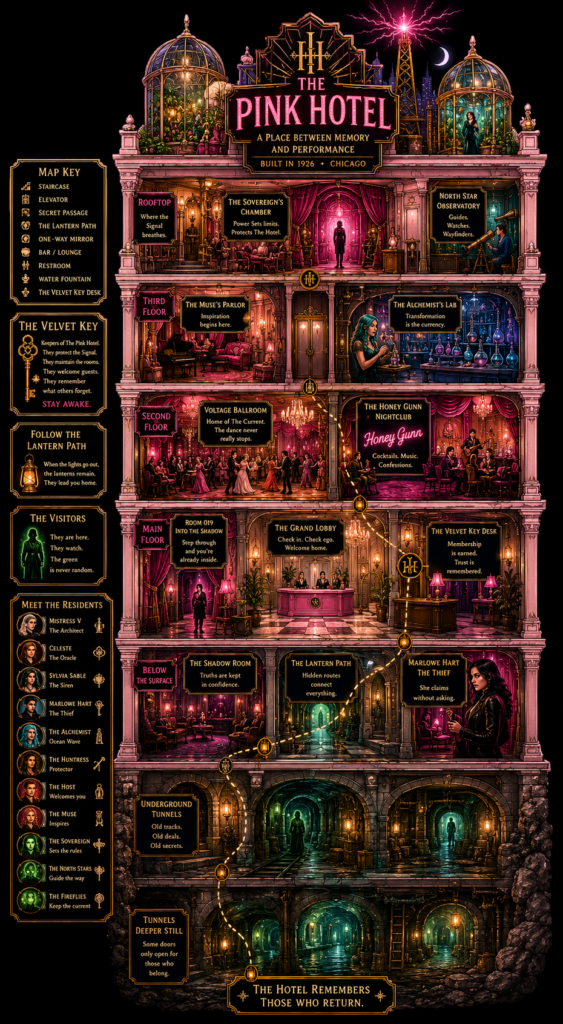 Illustrated cutaway map of The Pink Hotel featuring the Voltage Ballroom Honey Gunn Nightclub Shadow Room rooftop Electric Garden underground tunnels and resident characters from Vaudezilla's immersive burlesque and cabaret experiences in Chicago.