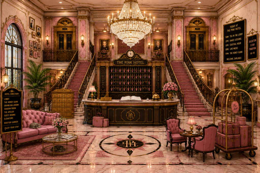 A luxurious Art Deco hotel lobby with pink marble floors crystal chandeliers concierge desk grand staircases luggage carts resident mailboxes and velvet seating