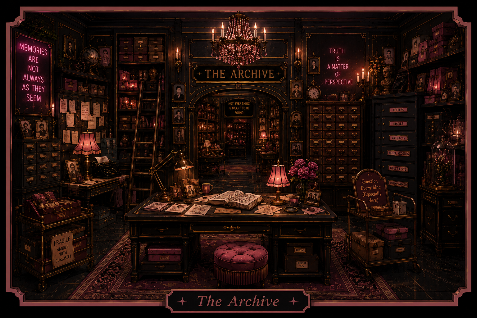 Artifacts of The Pink Hotel Vaudezilla Grand archive filled with books invitations blueprints and records from The Pink Hotel