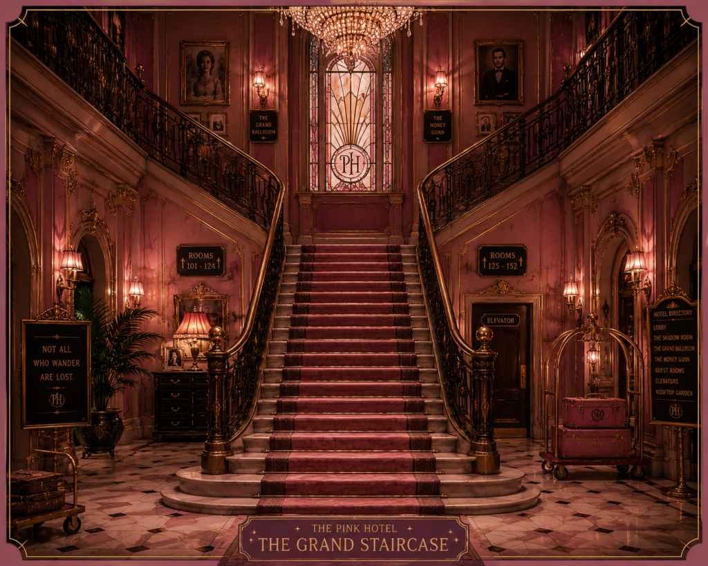A sweeping pink marble staircase inside The Pink Hotel featuring ornate black and gold railings crystal chandeliers stained glass windows velvet runners vintage luggage carts and elegant Art Deco details