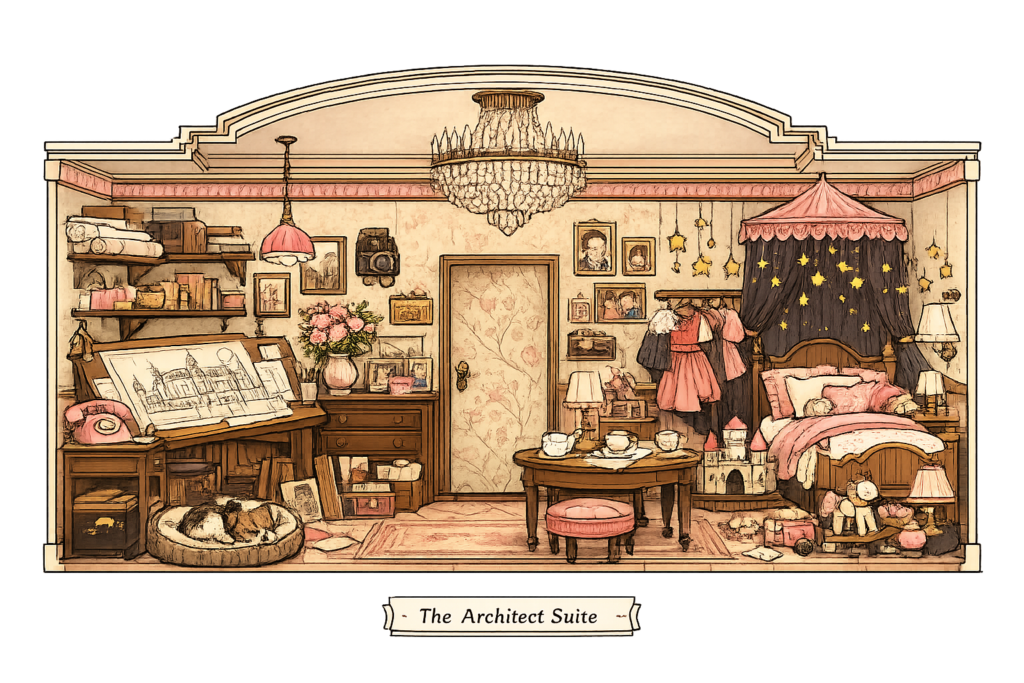 The Architect Suite | Home of Mistress V Vaudezilla A cozy cutaway hotel suite featuring architectural blueprints a drafting table a child's canopy bed, family photographs, flowers, costumes, tea cups, and a sleeping dog.