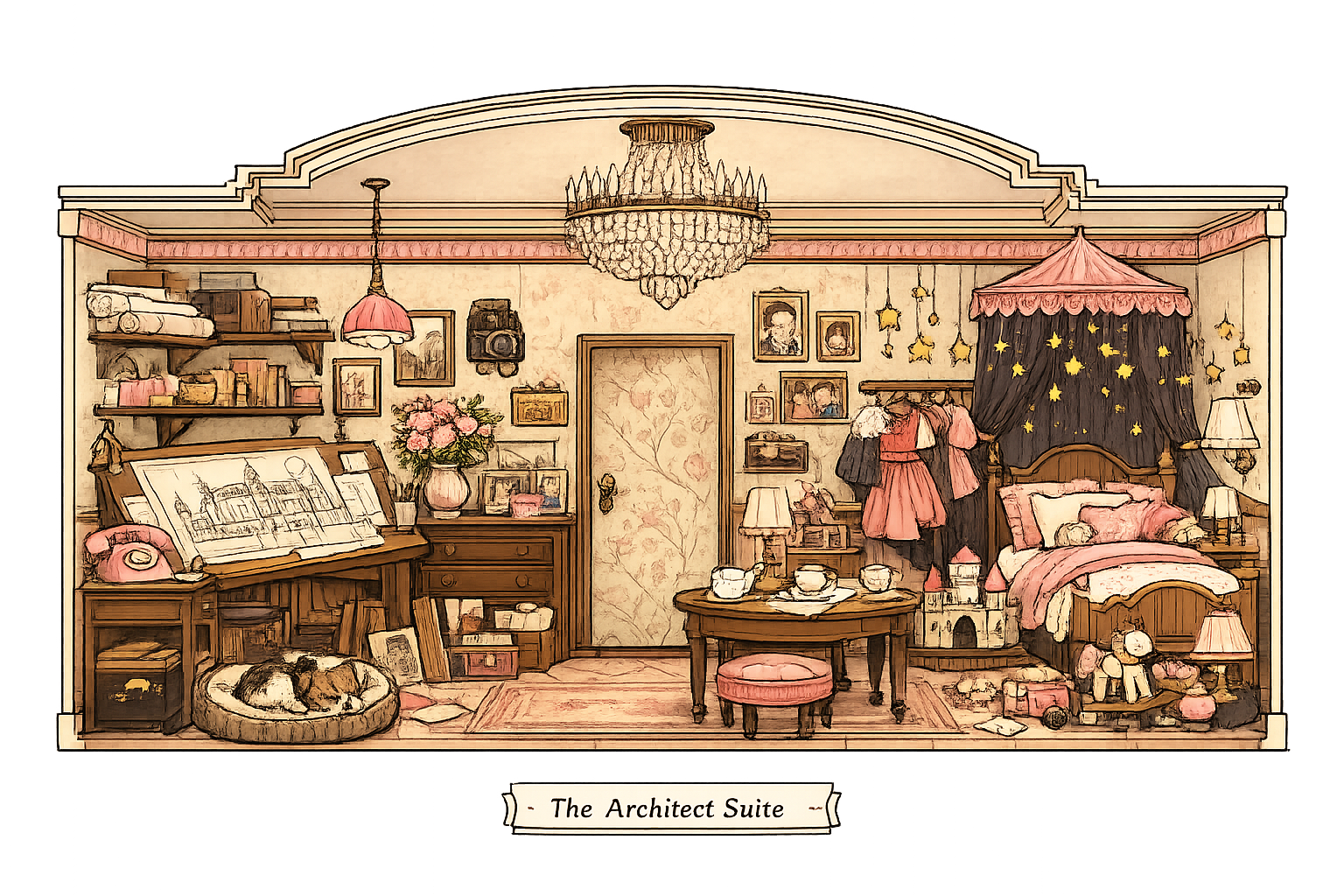 The Architect Suite with blueprints, drafting table, canopy bed, family photographs, costumes, tea cups and a sleeping dog.