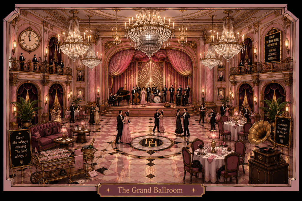 The Grand Ballroom | Home of the Current Vaudezilla A magnificent pink Art Deco ballroom with chandeliers orchestra stage dancers balcony seating cocktail tables and a polished dance floor beneath a giant mirrored disco ball