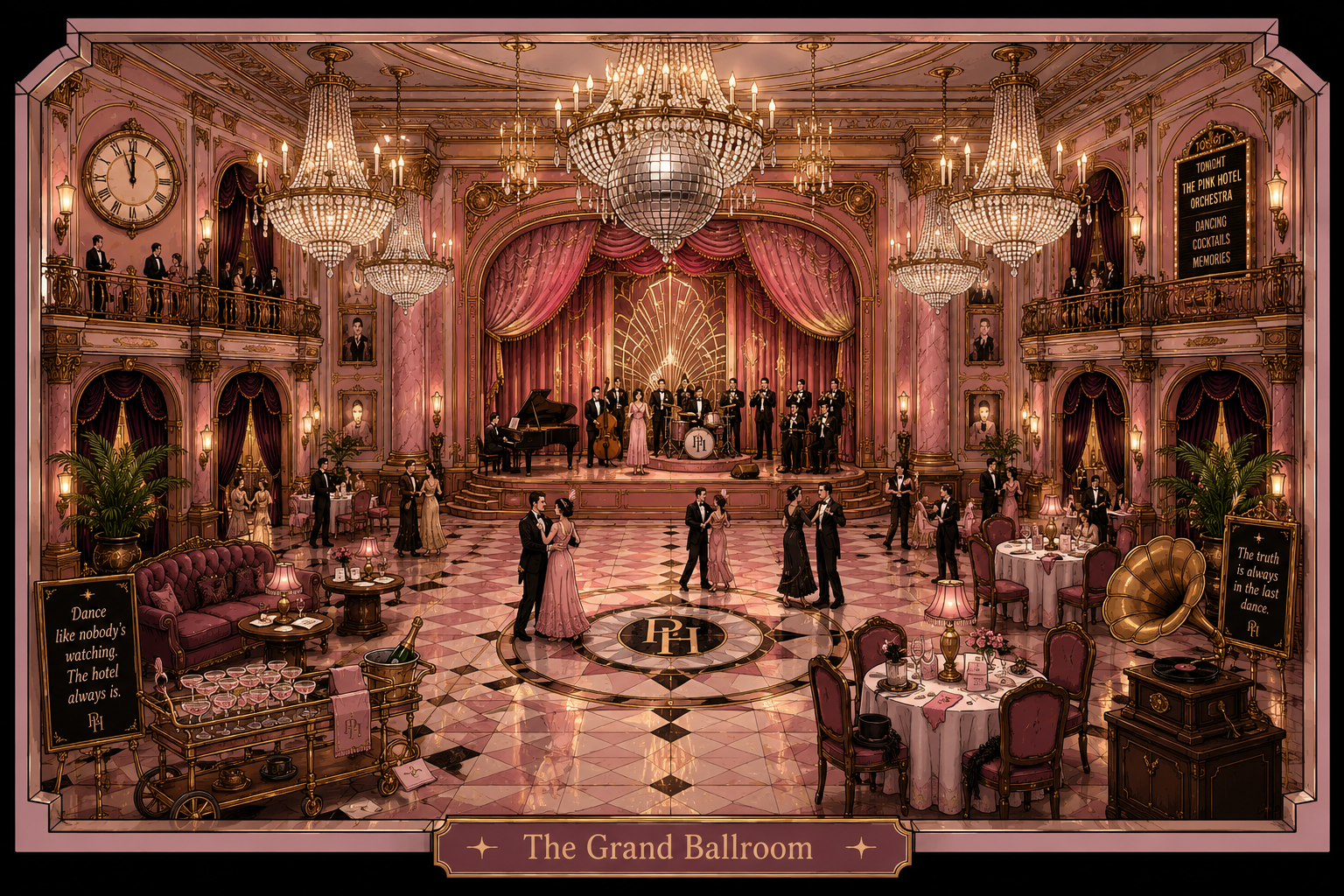 Large pink Art Deco ballroom inside The Pink Hotel.