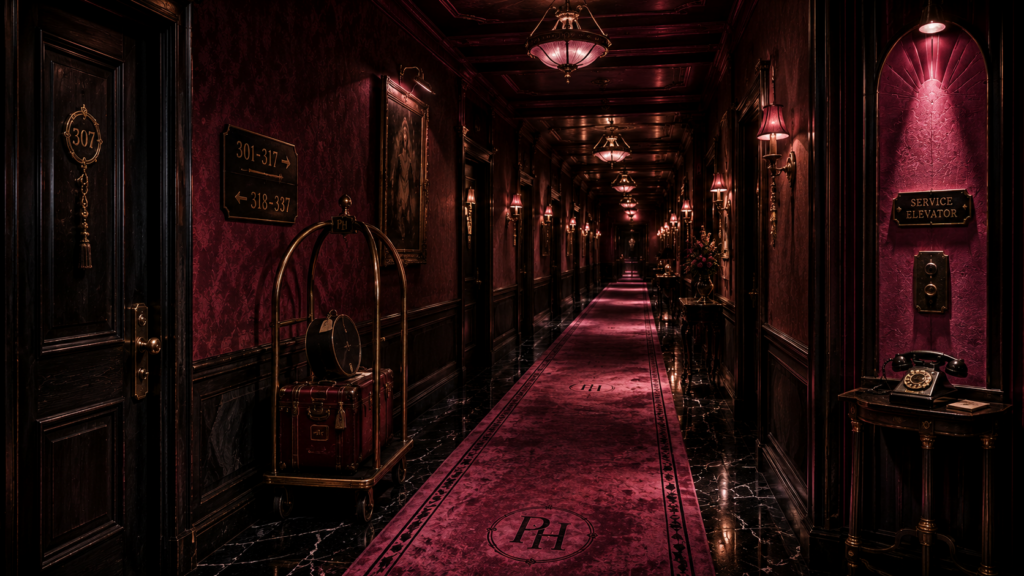 A long crimson hotel corridor lined with numbered doors brass sconces velvet carpet luggage cart vintage telephone and an elevator alcove disappearing into darkness