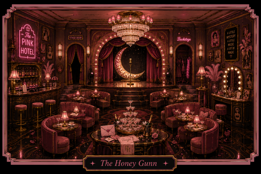 The Honey Gunn | A Little Mystery A Little Music Vaudezilla An intimate pink cabaret lounge featuring velvet booths champagne towers a moon shaped stage backstage dressing rooms neon signs cocktail tables and vintage glamour