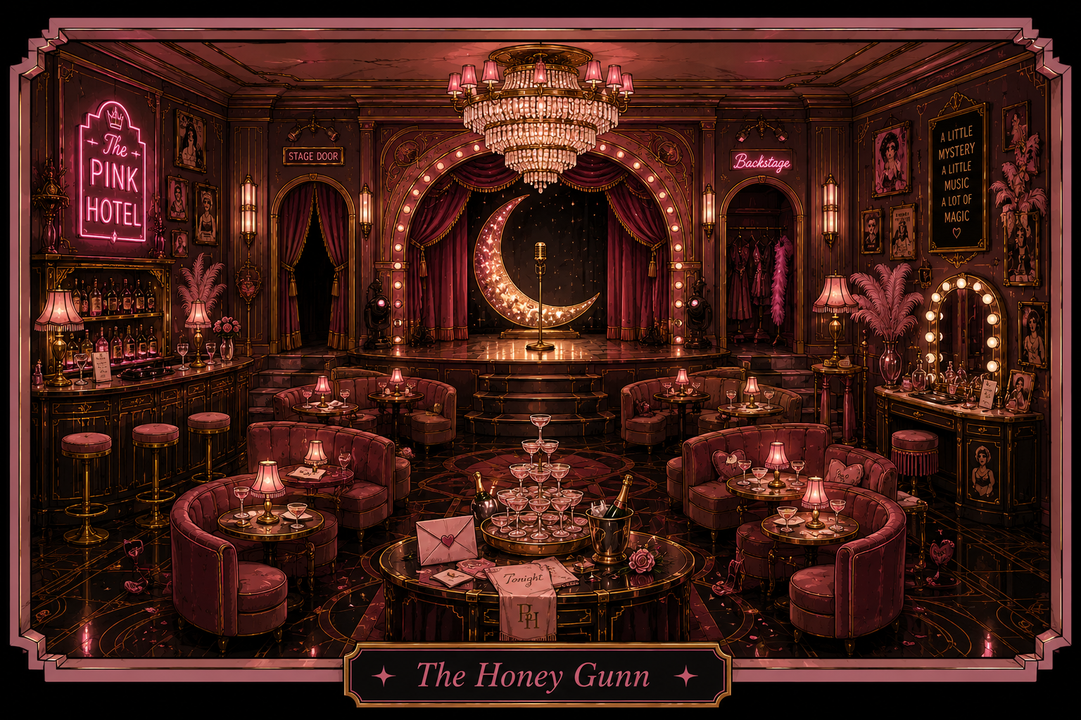 Intimate pink cabaret lounge inside The Pink Hotel.