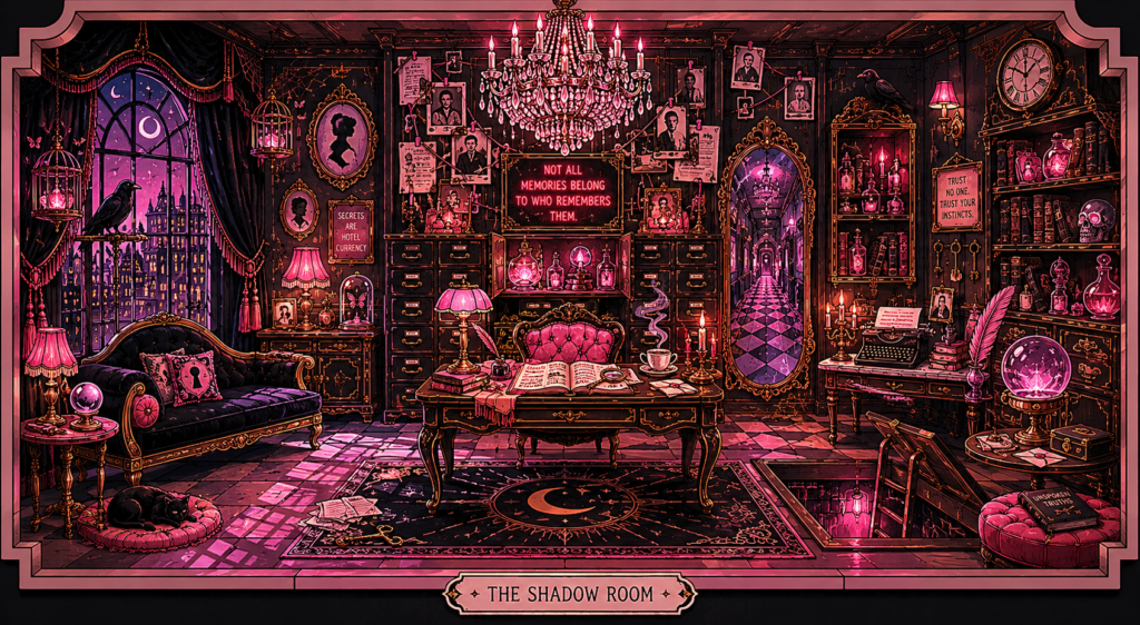 The Shadow Room | Truths Kept in Confidence Vaudezilla A mysterious Art Deco chamber filled with antique mirrors secret files photographs typewriters crystal objects hidden doors and evidence of forgotten hotel histories