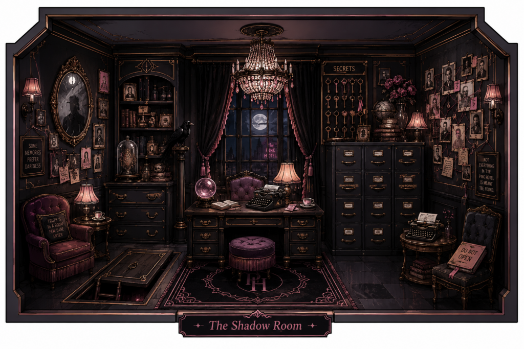 A vivid pink noir investigation room with moonlit windows occult artifacts filing cabinets evidence walls crystal chandeliers secret passages and mysterious hotel records Vaudezilla The Shadow Room | Not All Memories Belong to Who Remembers Them