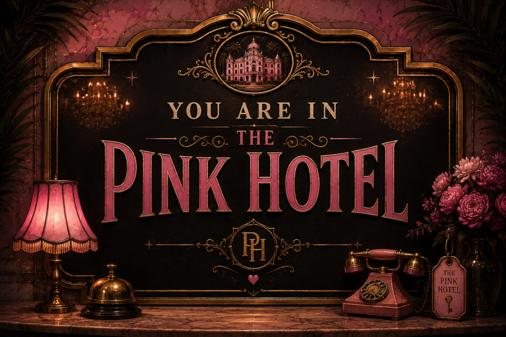You Are in The Pink Hotel Vaudezilla Decorative Art Deco sign inside The Pink Hotel featuring the words You Are in The Pink Hotel in large pink and gold lettering The sign is surrounded by vintage hotel details including a brass bell pink rotary telephone floral arrangements chandeliers and the hotel's monogram.