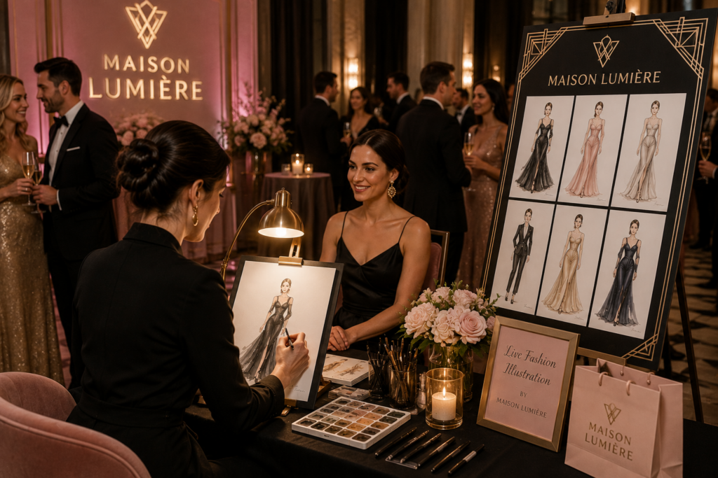 Corporate Live Fashion Illustration | Brand Activation Entertainment Chicago Vaudezilla Corporate live fashion illustration brand activation with guests networking at a Maison Lumière luxury event in Chicago