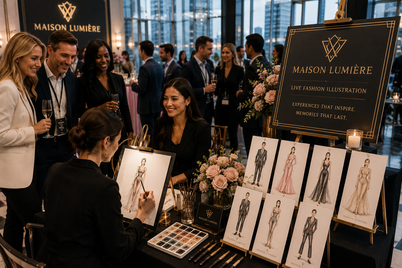 Live Fashion Illustration Chicago | Luxury Event Entertainment by Vaudezilla Vaudezilla Live fashion illustrator creating a custom guest sketch at a luxury Chicago corporate gala hosted by Maison Lumière