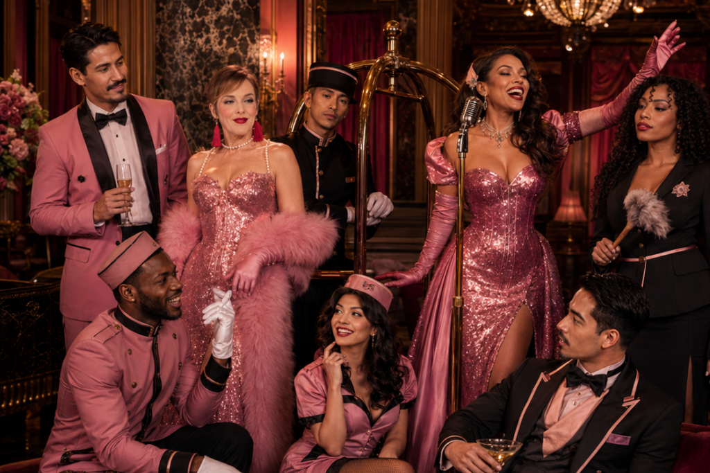 Cabaret performers hotel characters and formally dressed guests gathered in a pink lounge