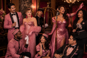 Luxury Private Party Entertainment Vaudezilla Cabaret performers hotel characters and formally dressed guests gathered in a pink lounge