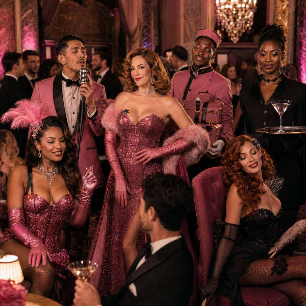Cabaret singer performing among guests with dancers and hotel characters nearby